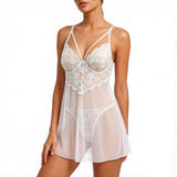 Pure white wedding-style lace net gauze nightgown set-French deep V cross straps sheer sexy pajama thong set for women ZA825096