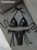 Sequins Halter Bikini Female Swimsuit Women Swimwear Two-Pieces Bikini Set High Cut Leg Padded Bather Bathing Suit Swim V8302