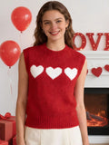 Women 2026 Sleeveless Crew Neck Pullover Fashion Daily Wear Top Cute Heart Print Pink Knitted Vest