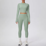 New Women Yoga Set Solid Color Double-Sided Brushed Bare Feel Short Long-Sleeve Jacket Tight Pants Running Fitness 2-Piece Set
