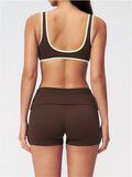 Tight Color Contrast Yoga Suit 2 Pieces Women V Neck Sports Bra Pleate High Waist Shorts Gym Running Fitness Suits Tracksuit