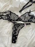 French Retro Lace Bra & Thong Set | Sexy Polka Dot Sheer Mesh Lingerie for Plus Size Big Bust, Ultra Thin MOYISU Panty TUSHY Set