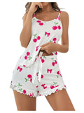 Women Sleepwear Summer Pajamas Set Breathable Soft Casual Cherry Print Straps Cami Tops and Shorts Set Homewear Loungewear