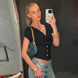 FDYOUI Fashion Casual Swinging Collar T-shirts Y2K Woman Clothes Short Sleeve Buttons Corset T Shirt Ladies Solid Crop Tops Tees