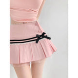 Striped Contrasting Color Bow Lace Splicing Pleated Skirt Women 2026 Summer American Style Low Waist  A-line Short Skirt UBFK