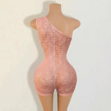 Sexy Jacquard Lace See Through Playsuits Women Hipster Oblique Shoulder Sleeveless Skinny Rompers Midnight Party Clubwear