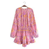 Long Sleeve Spring Summer Short Jumpsuit Women Printed Bohemian Wide Leg Playsuit Female Romper Ruffles Rayon Boho Overalls 2025