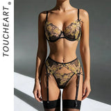 Toucheart Erotic LingerieNew Butterfly Embroidered Mesh See-through Sexy Contrastingerotic Lingerie Four-piece Setwith Stockings