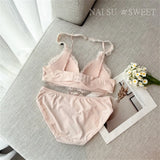 Deep V Halter Neck Bra Set French Style, Lace Push Up Bralette for Small Chest, Sexy Wireless Triangle Bra Set MOYISU Sexy Tushy