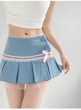 Striped Contrasting Color Bow Lace Splicing Pleated Skirt Women 2026 Summer American Style Low Waist  A-line Short Skirt UBFK