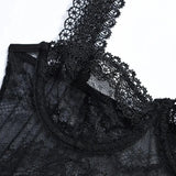 Toucheart Sexy Mesh Patchwork Embroidery Jumpsuit For Women Lace Sling Underwear Solid Color Sexy See-Through Backless Jumpsuit