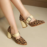 Spring  Autumn New Model Fashion High Heels Nude Shoes Color Blocking Pointed Tip Buckle Leopard Print Sexy Party Women's Shoes