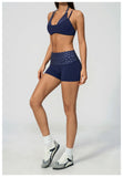 Breathable Striped Patchwork Yoga Clothing Women Fake Two-piece Sports Bra Folding High Waist Shorts Gym Running Fitness Suit