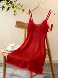 Women Satin Nightdress Lace Trim Slip Dress Spaghetti Strap Silky Nightgown Elegant Sleepwear Home Lingerie