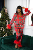 Women New Year Pajamas Set Christmas Party Loungewear Long Sleeve Feather Shirt Pants Sleepwear Santa Claus Night Wears Pyjamas