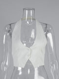 Elegant Halter Neck Backless White Tank Tops Women 2026 Summer Sexy Off Shoulder Buttons Crop Top High Street Lady Solid Vests