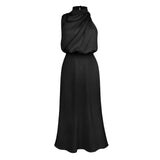 Foridol One Shoulder Turtleneck Tank Satin Women Party Dress Robe Zip Sleeveless Elegant Vintage Folds Women Clothing 2025
