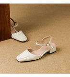 Plus Size 34-41 Women's Sheepskin Narrow Band T-strap Square Toe Summer Sandals 3.5cm Thick Low Heel Elegant Ladies Dress Shoes
