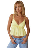 Womens Solid Color Sleep Tank Tops Spaghetti Strap Stylish Lace Trim Striped Front Bow Backless V Neck Sleep Camisoles