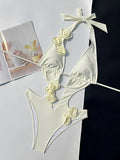 2026 V-neck Halter Monokini 3D Floral Swimsuit Women One Piece Hollow Swimwear Female Sexy Bathers Bathing Swimming Swim Suit