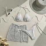 With Fishnet Sarong Skirt Halter Micro Bikini Women Swimwear Female Swimsuit Three-pieces Bikini Set Bathing Suit Swim Beachwear