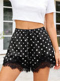 Summer Women's Dots Print Satin Shorts Elastic Waist Loose Lace Trim Hem Short Pants for Daily Casual Lounge Wear