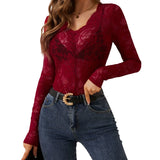 Trendy Women See Through Lace Tops Long Sleeve V Neck Slim Fit Shirts Retro Sexy Blouses Streertwear
