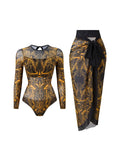 S - XXL Printed Long Sleeve With Sarong One Piece Swimsuit Women Swimwear Female Flowers Padded Bather Bathing Suit Swim K7181