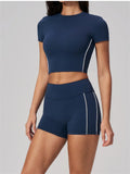 Color Contrast Yoga Suit Women Short Sleeve O Neck Sports T Shirts Tracksuit Outwear High Waist Shorts Gym Running Fitness Suits
