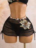 Sexy Black 3D Flower Holiday Bikini Set 2026 Women Drawstring Side Knitted Cover Up 3 Piece Swimsuit Beach Bathing Suit Swimwear