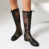 2026 Plus Size 48 Black Flower Mesh Lace Knee High Boots Women Breathable Square Heels Red White Summer Boots Shoes Zipper