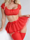 Women's Polka Dot Shoulder Revealing Puffy Skirt Set Sexy Lace Top Skirt Thongs Underwear Suits Mesh Perspective Exotic Sets