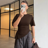 FDYOUI Women O-neck Short Sleeve Solid T-shirts 2026 Summer Chic Ruched Bandage Corset T-shirt Female Tunics Irregular Crop Tops