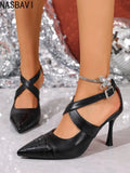 White Stiletto High Heels Pumps Sandals Woman Classy Pointed Toe Dress Shoes Belt Cross Retro Party OL Dress Shoes New Summer