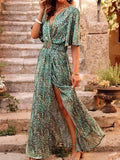 Spring Summer Printed Dress Short Sleeved Deep V-neck Slimming Waist Long Dresses Temperament Slit Dresses Vestidos Para Mujer