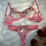 Pink Lingerie Woman Lace Underwear Fairy Embroidery Brief Sets Bra Panties Kits Breves Sets