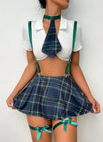New Sexy Role Play Mesh JK Uniform Sexy Schoolgirl Outfit Women Corset Top Plaid Checkered Mini Skirt With Suspenders Charm TYHF