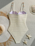 Vintage Beige Ribbed One Piece Swimsuit 2026 Women Beading Strap Underwire Tummy Control Swimwear Beach Holiday Bathing Suits