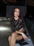 Ahagaga Sexy Sheer Women's Mini Dresses Lace Solid Sheath Long Sleeves One Shoulder Ribbon Sheath Slim Fit Streetwear Vestidos