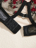 BlackRed Embroidered Floral Lingerie Set - Sexy Bra And G-string Combo with Heart Decoration Underwear Set for Women ZA824028