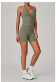 Women's Seamless Yoga Fitness Sets Sports Halter Neck Backless Vest Hip-lifting Slim Fit Shorts Suits Running Workout Gym Sets
