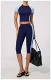 Color Blocking 2PCS Yoga Set Women's Tracksuit Short Sleeve O Neck Sports T Shirts High Waist Cropped Pants Tight Fitness Suits