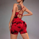 Cross Back Tie-Dye One Piece Yoga Shorts - Stylish Cropped Yoga Jumpsuit for Women