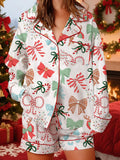 Women's 2025 Satin Christmas Pajama Set Long Sleeve Lapel Bow Print Shirt Wide Leg Shorts Loose Two Pieces Sleepwear