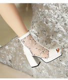 White Polka Dot Mesh Peep Toe Chunky Block Heel Platform Back Zipper Ankle Sandal Boots for Women