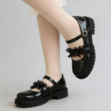 2026 Plus size 47 Sweet Blue Lace Ruffles Mary Janes Shoes Women Gothic Black Bow Knot Cute Lolita Cosplay Flats Casual Shoes