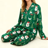 Women's 2025 Christmas Pajama Set Long Sleeve Lapel Santa Claus Christmas Tree Print Shirt Pants Two Pieces Sleepwear