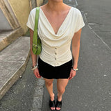 FDYOUI Fashion Casual Swinging Collar T-shirts Y2K Woman Clothes Short Sleeve Buttons Corset T Shirt Ladies Solid Crop Tops Tees