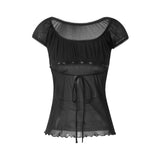 Women Summer Y2K Aesthetic Tops Lace Trim Cap Sleeve Low Cut Shirts Vintage Casual Sexy Tops and Blouses Female