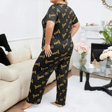 Plus Size 3XL 4XL 5XL Sleepwear Women's Heart Letters Print Pajamas Set Casual Short-Sleeve Top and Pants Loungewear